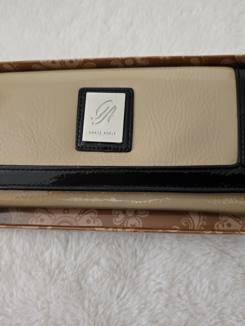 Grace Adele Beige and Black Patent Trim Wallet